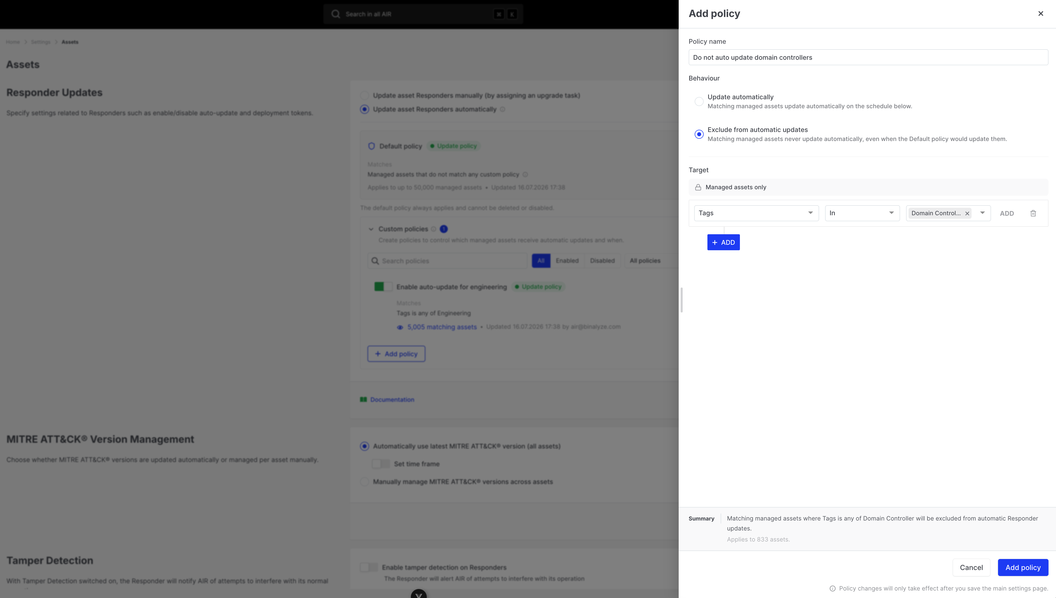 Responder Updates: Exclusion policy drawer